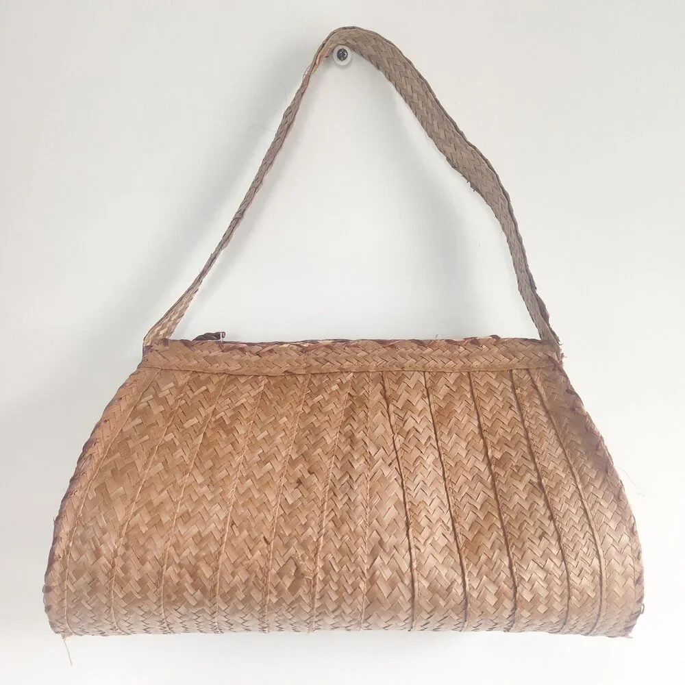 Boho Vintage Bag Floral Red Tan Straw Woven Natural Seashells‎ Shoulder Summer